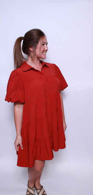 Solid button up tiered mini dress