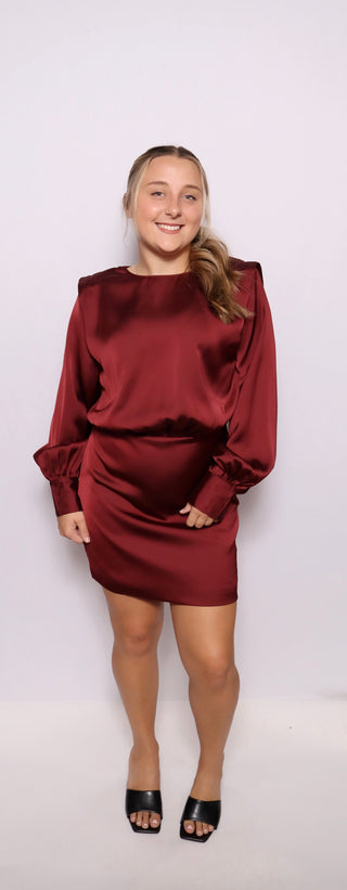 Merlot Satin Long Sleeve Mini Dress