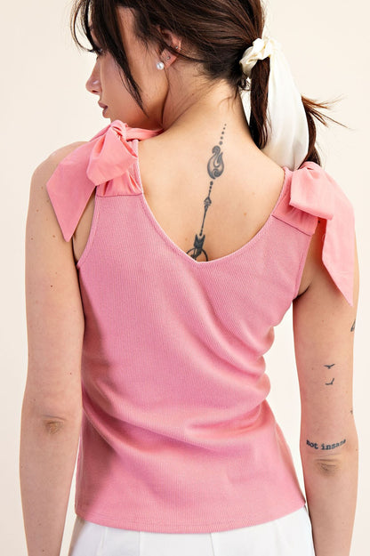 V-Neck Contrast Ribbon Tie Knit Top