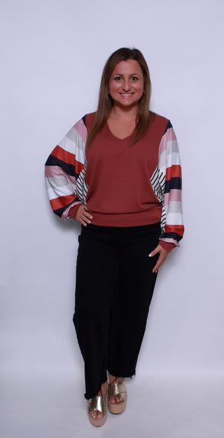 STRIPE COLOR BLOCK SLEEVES V NECK TOP
