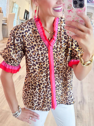 PRE ORDER - Elegance Ruffle frilled Leopard print blouse short sleeve