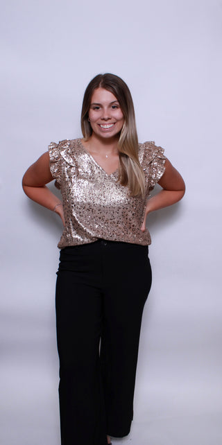 SEQUIN LEOPARD PATTERN RUFFLED ARMHOLE TOP