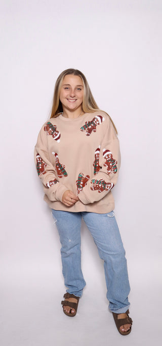 Sequin Gingerbread Man Christmas Pullover