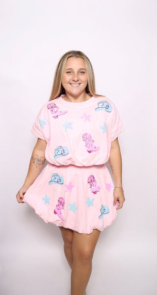 Cowgirl Sequin Bubble Hem Terry Top