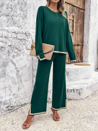 Women's Casual Solid Color Knitted Long-sleeved Sweater and Pants Set