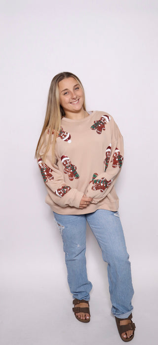 Sequin Gingerbread Man Christmas Pullover