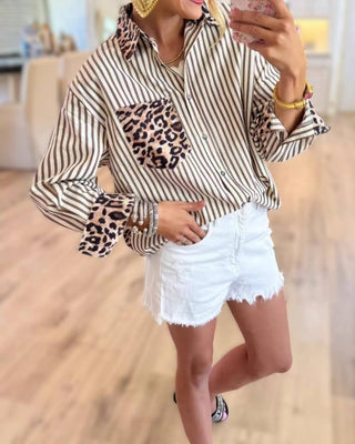 PRE ORDER - Chic Style Leopard & Striped Patchwork Shirt