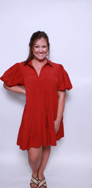 Solid button up tiered mini dress