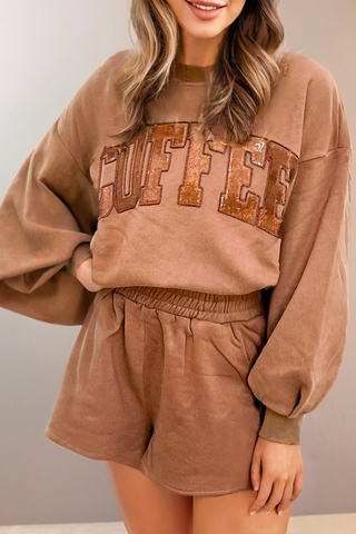 Sequined COFFEE Print Loose Fit Sweatshirt and Shorts Set