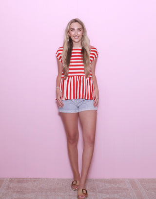 DROP SHOULDER WOVEN STRIPED TOP