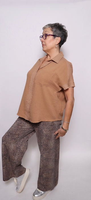 Washed Cotton Gauze Button Down Top