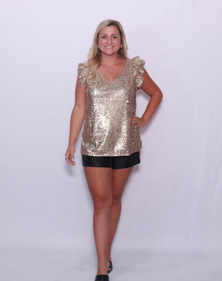 SEQUIN LEOPARD PATTERN RUFFLED ARMHOLE TOP