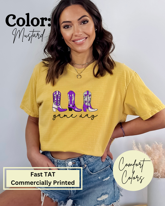 Purple and Gold Triple Game Day Boots Comfort Colors Tee