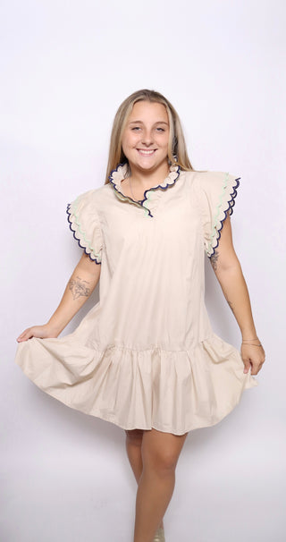 Scallop Trim Ruffle Sleeve Dress