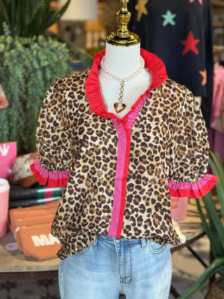 PRE ORDER - Elegance Ruffle frilled Leopard print blouse short sleeve