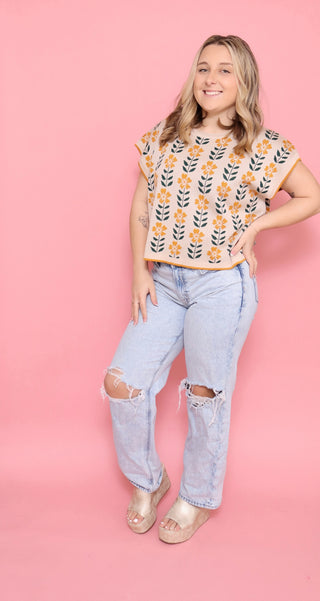Retro Floral Knit Crop Top Short Sleeve Vintage Pullover Tee