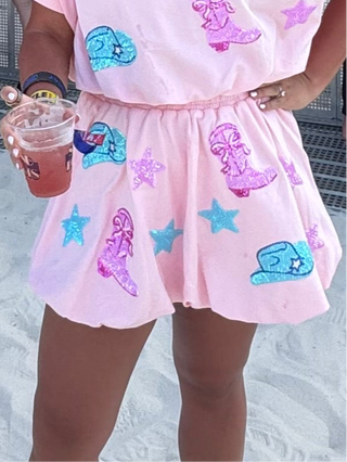 Cowgirl Sequin Bubble Hem Cotton Terry Skirt