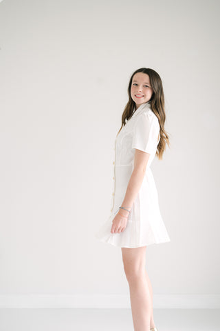 SHORT SLEEVE WOVEN COLLARED WRAP DRESS WITH JEWEL BUTTONS