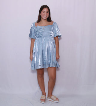 BUBBLE SLEEVE SHINY WOVEN DRESS WITH FRONT BOW TIE DETAIL