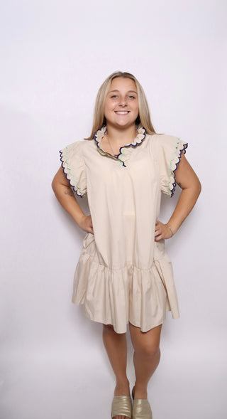 Scallop Trim Ruffle Sleeve Dress