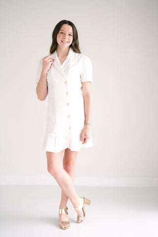SHORT SLEEVE WOVEN COLLARED WRAP DRESS WITH JEWEL BUTTONS
