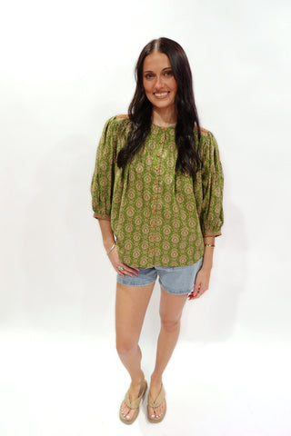 Ivy Jane Sage Paisley Top in olive green with rust paisley print, styled with denim shorts