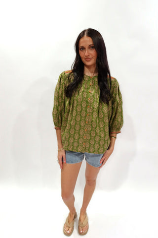 Ivy Jane Sage Paisley Top front view showing balloon three-quarter sleeves and relaxed fit