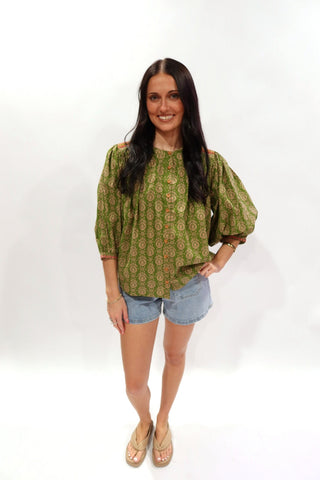 Ivy Jane Sage Paisley Top showing the olive and rust paisley print detail