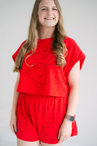 Rhinestone Hot Fix Detail Short Sleeve Cropped Top