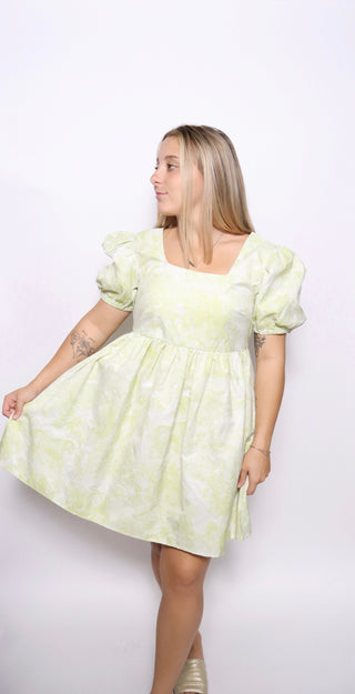 Printed short puff sleeve square neck mini dress