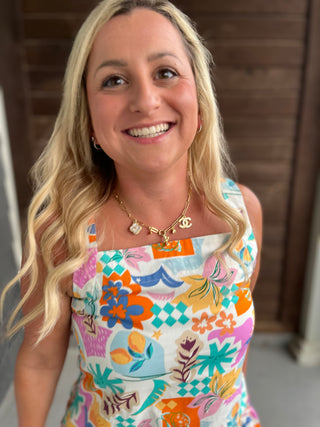Tropical print drop waist mini dress