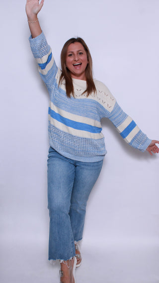 Stripe 3/4 Puff Sleeve Sweater