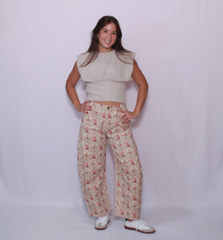 Jacquard Floral Printed Barrel Jeans