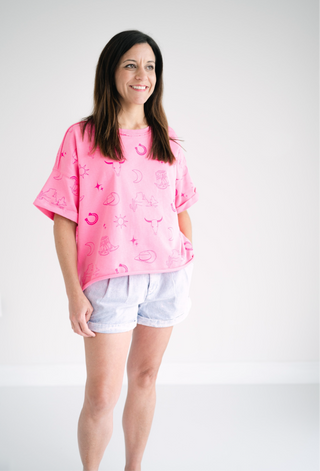 Boxy Cut Round Neck French Terry Top with Graphics & Frayed Hem