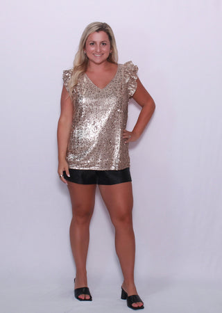 SEQUIN LEOPARD PATTERN RUFFLED ARMHOLE TOP