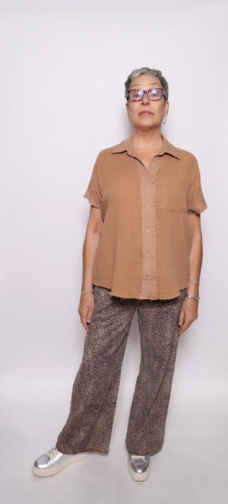 Washed Cotton Gauze Button Down Top