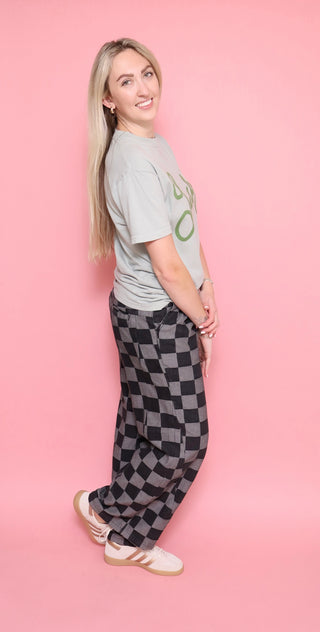 Dark Grey Checkered Denim Wide Leg Jeans