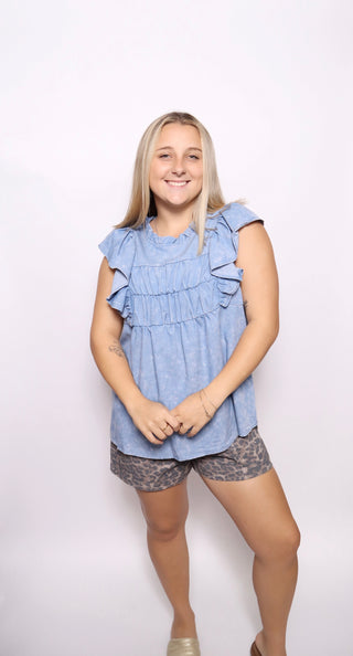 Acid wash ruffle sleeve top