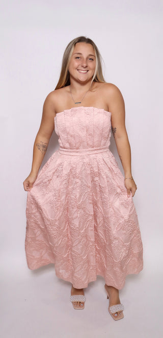 Strapless embossed midi dress