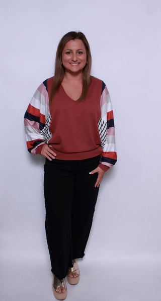 STRIPE COLOR BLOCK SLEEVES V NECK TOP