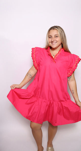 Scallop Trim Ruffle Sleeve Dress