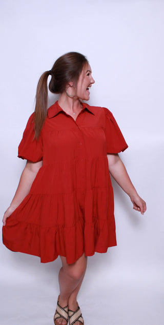 Solid button up tiered mini dress