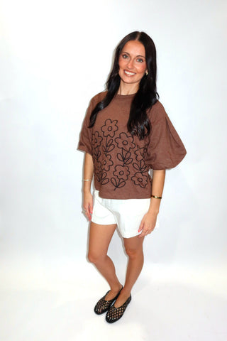 Ivy Jane Cocoa Meadow Top front view showing the balloon sleeves and boxy fit