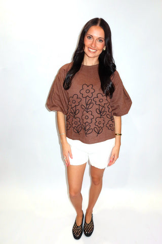 Ivy Jane Cocoa Meadow Top showing the gathered sleeve cuffs and cropped length