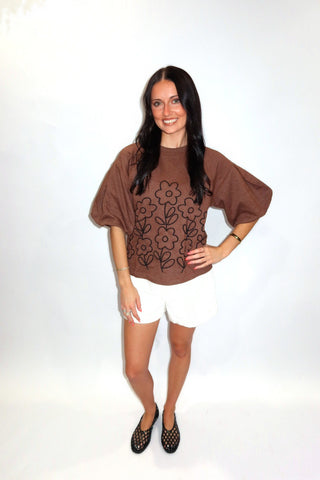 Ivy Jane Cocoa Meadow Top full length on model in chocolate brown