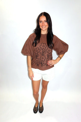 Ivy Jane Cocoa Meadow Top styled casually with white shorts and flats