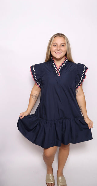 Scallop Trim Ruffle Sleeve Dress