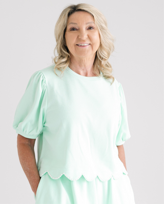 Scallop Hem Pearl Studded Detail Terry Shirt