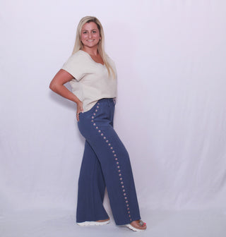 Linen Wide Leg Pants with Floral Embroidered Trim