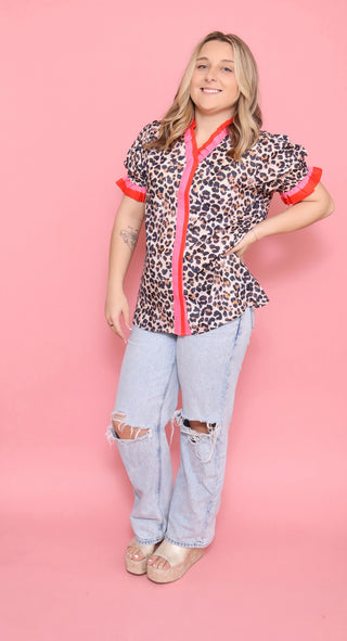 Elegance Ruffle frilled Leopard print blouse short sleeve
